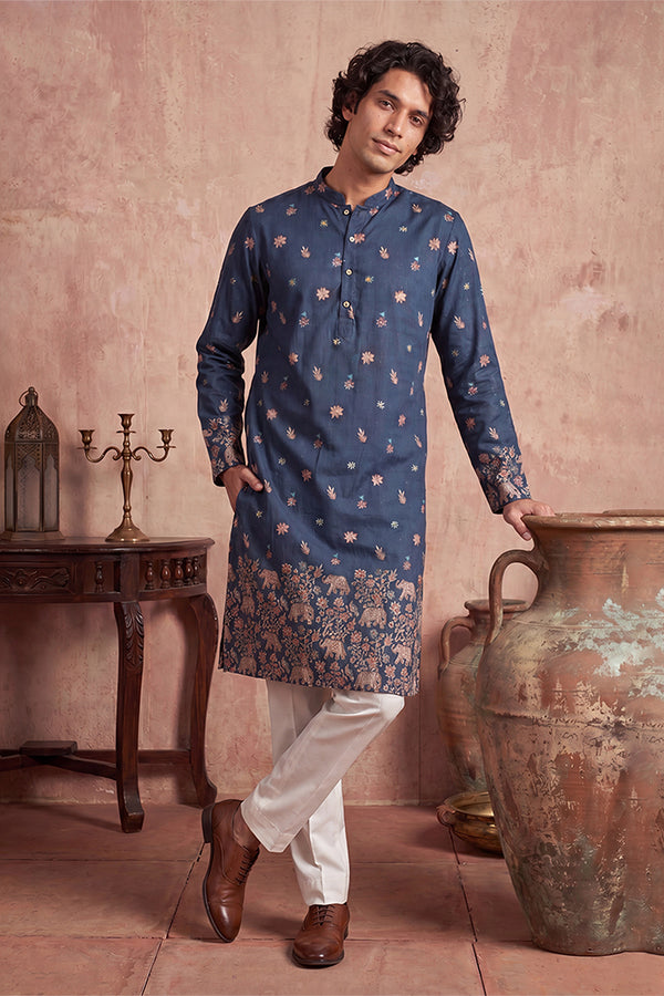 Blue Silk Blend Woven Design Calf Length Straight Regular Kurta With Trouser MKSET2356