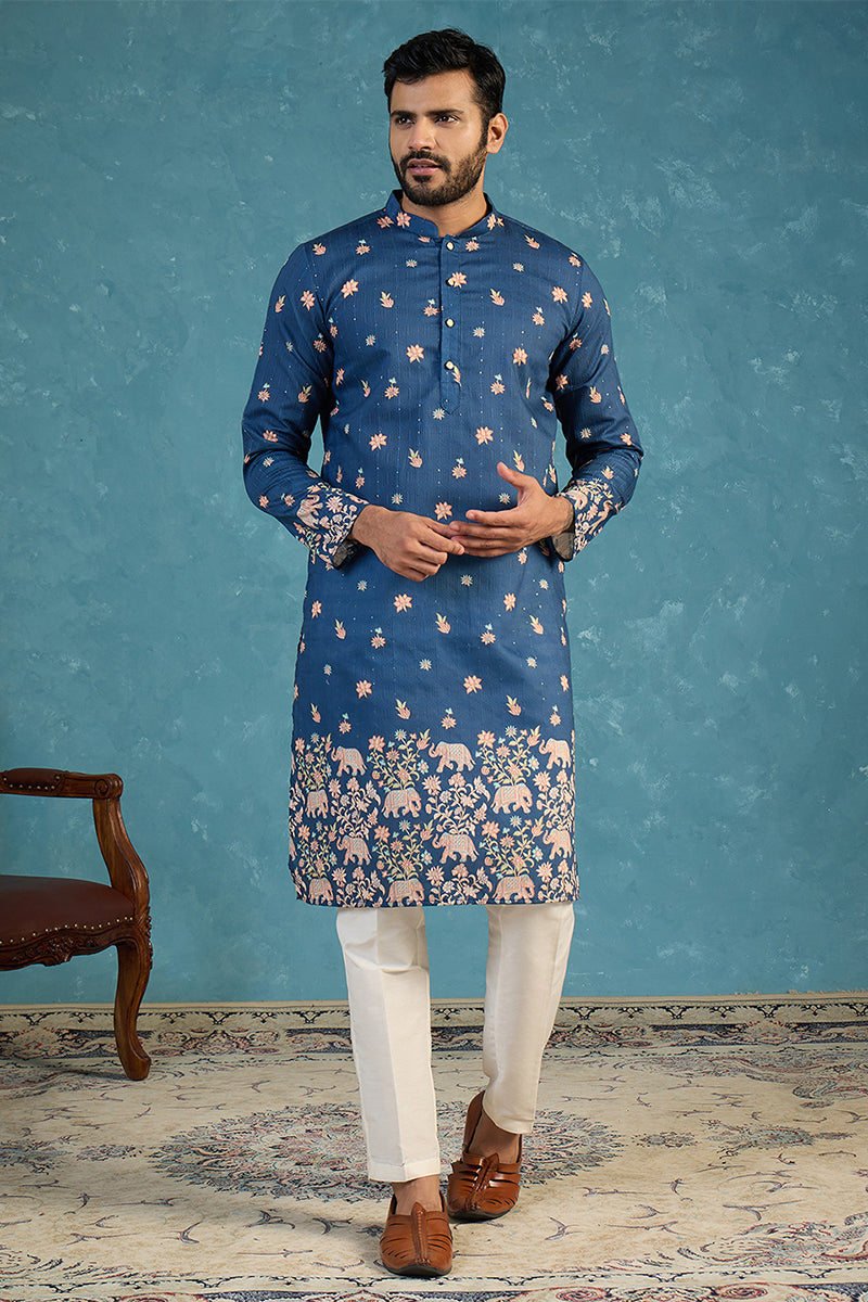 Blue Silk Blend Woven Design Calf Length Straight Regular Kurta MKU2356