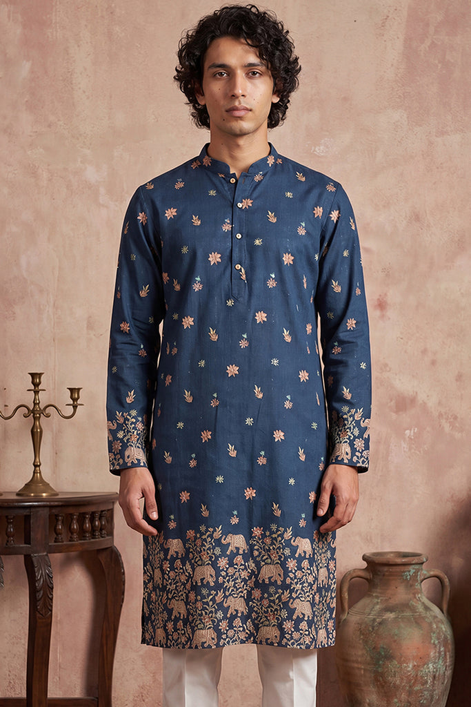 Blue Silk Blend Woven Design Calf Length Straight Regular Kurta With Trouser MKSET2356