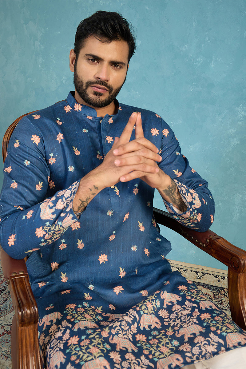 Blue Silk Blend Woven Design Calf Length Straight Regular Kurta MKU2356