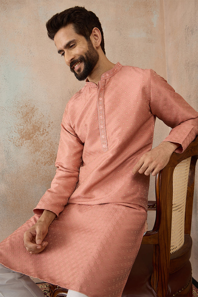 Peach Silk Blend Embroidered Mandarin Collar Straight Kurta MKU2363
