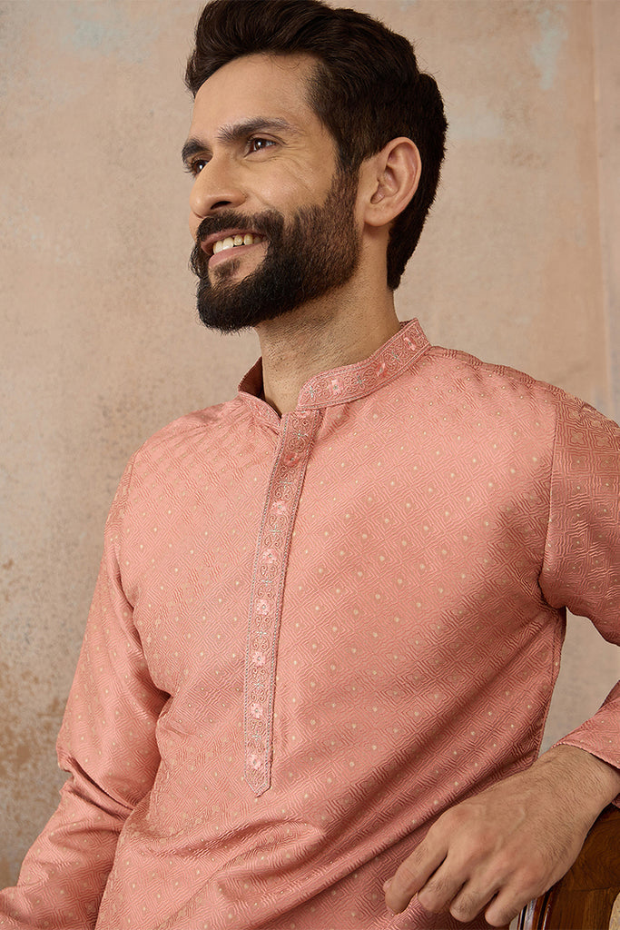 Peach Silk Blend Embroidered Mandarin Collar Straight Kurta MKU2363