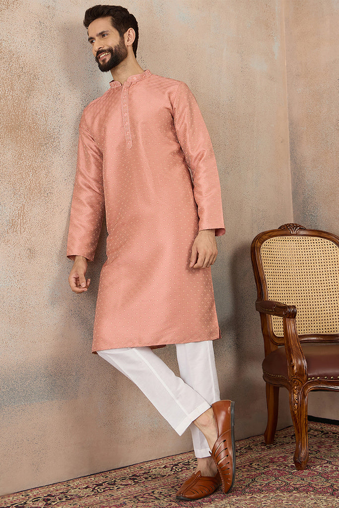 Peach Silk Blend Embroidered Mandarin Collar Straight Kurta with Trousers  MKSET2363