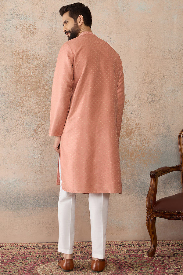 Peach Silk Blend Embroidered Mandarin Collar Straight Kurta MKU2363