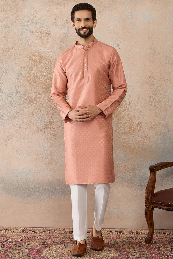 Peach Silk Blend Embroidered Mandarin Collar Straight Kurta MKU2363
