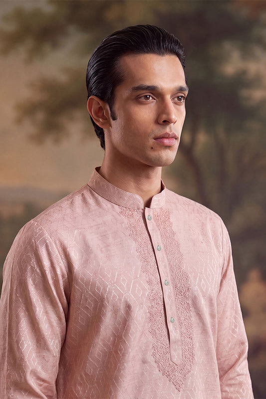 Peach Linen Geometric Embroidered Kurta With Trouser MKSET2366