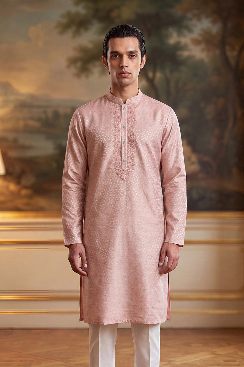 Peach Linen Geometric Embroidered Kurta MKU2366