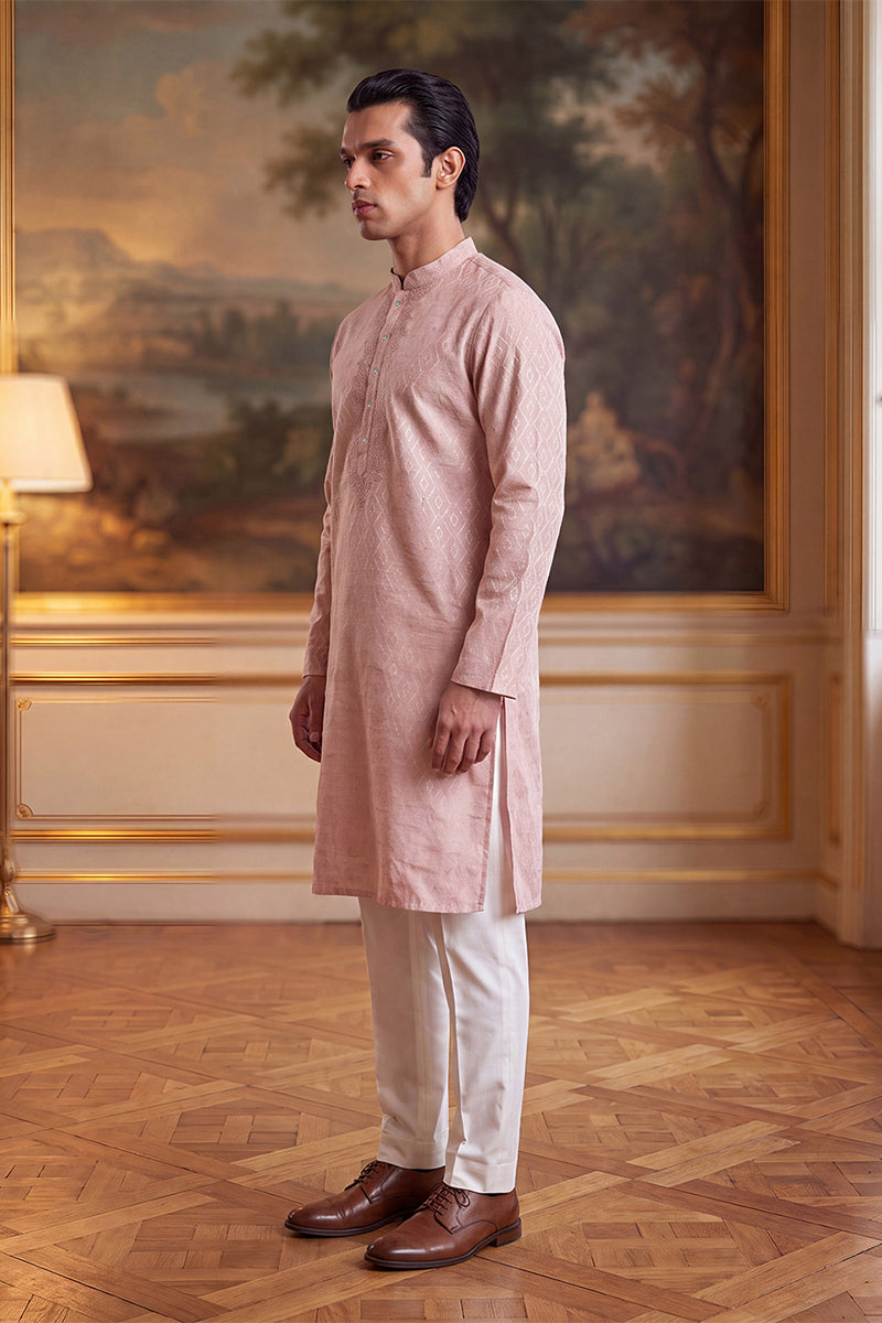 Peach Linen Geometric Embroidered Kurta With Trouser MKSET2366