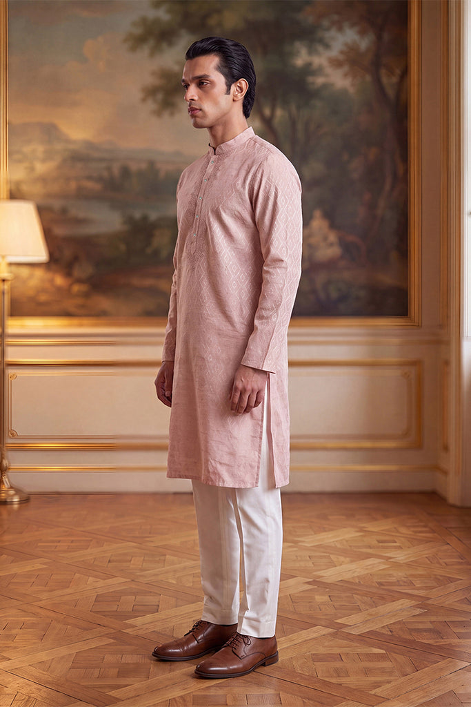 Peach Linen Geometric Embroidered Kurta With Trouser MKSET2366
