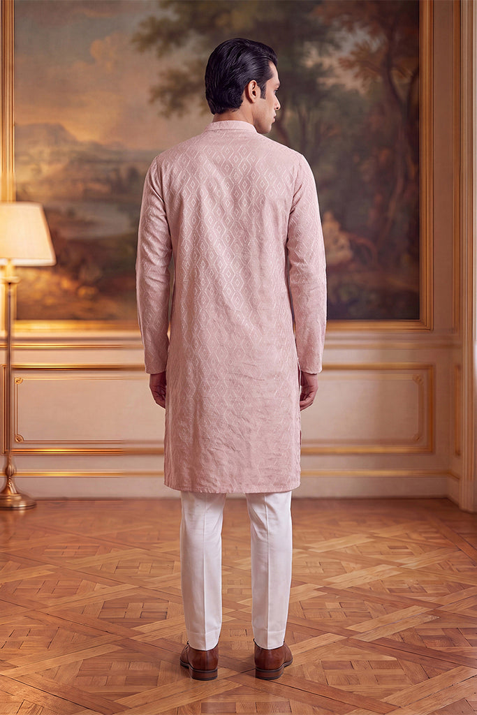 Peach Linen Geometric Embroidered Kurta MKU2366