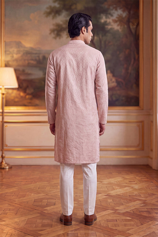 Peach Linen Geometric Embroidered Kurta MKU2366