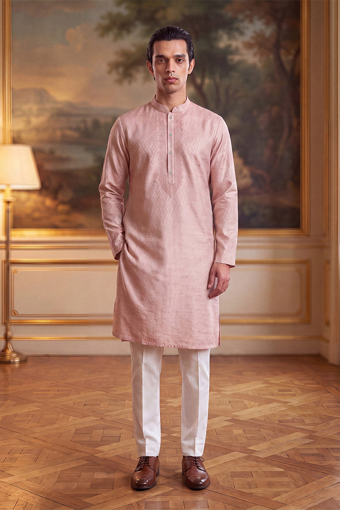 Peach Linen Geometric Embroidered Kurta MKU2366
