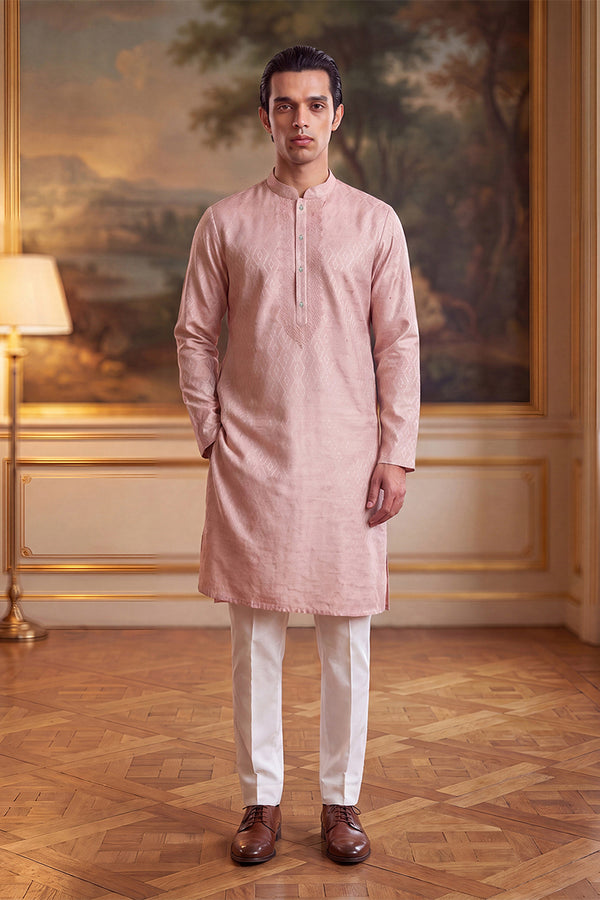 Peach Linen Geometric Embroidered Kurta MKU2366