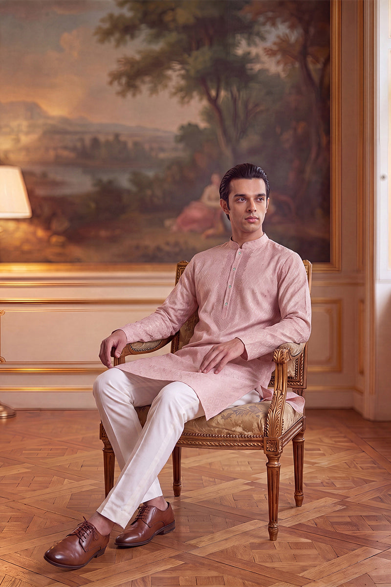Peach Linen Geometric Embroidered Kurta With Trouser MKSET2366