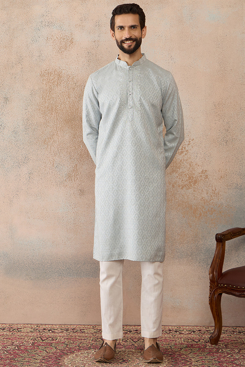 Blue Linen Self Design Embroidered Kurta With Trouser MKSET2367