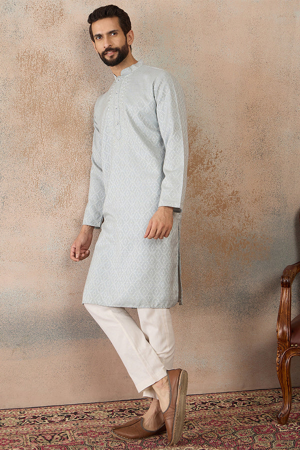 Blue Linen Self Design Embroidered Kurta MKU2367
