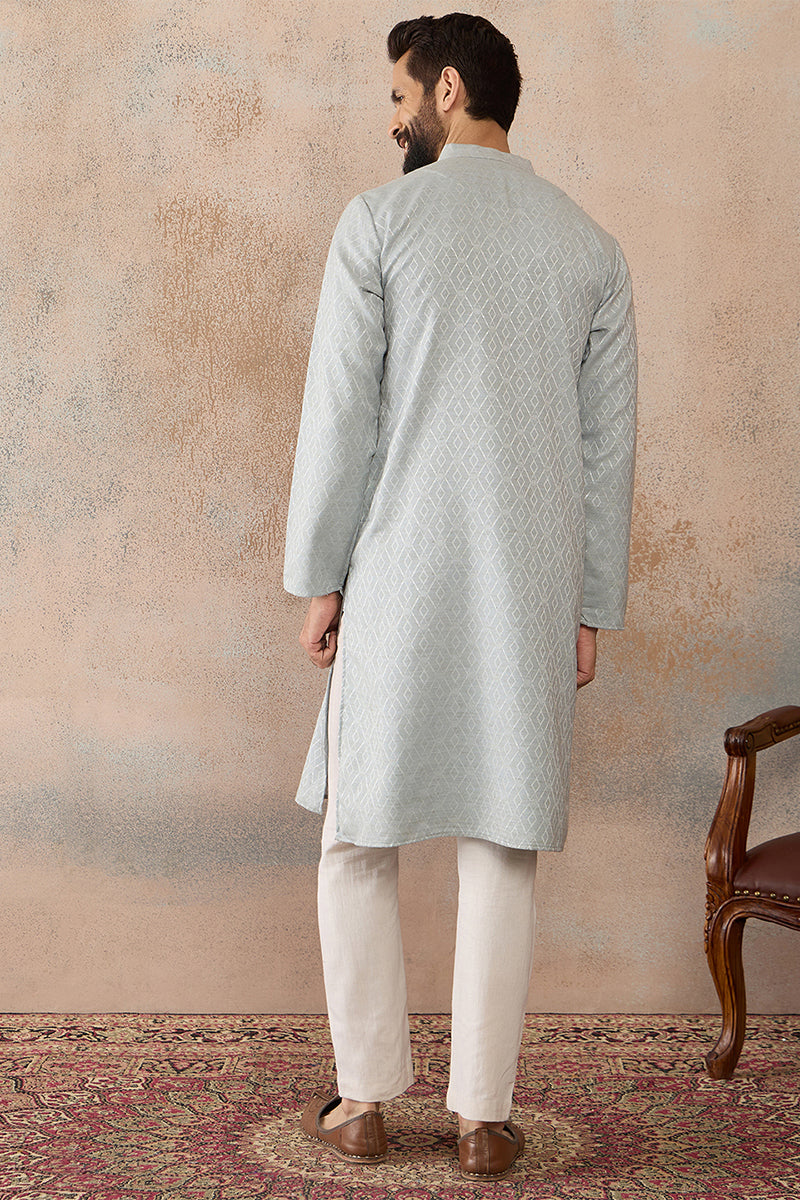 Blue Linen Self Design Embroidered Kurta With Trouser MKSET2367
