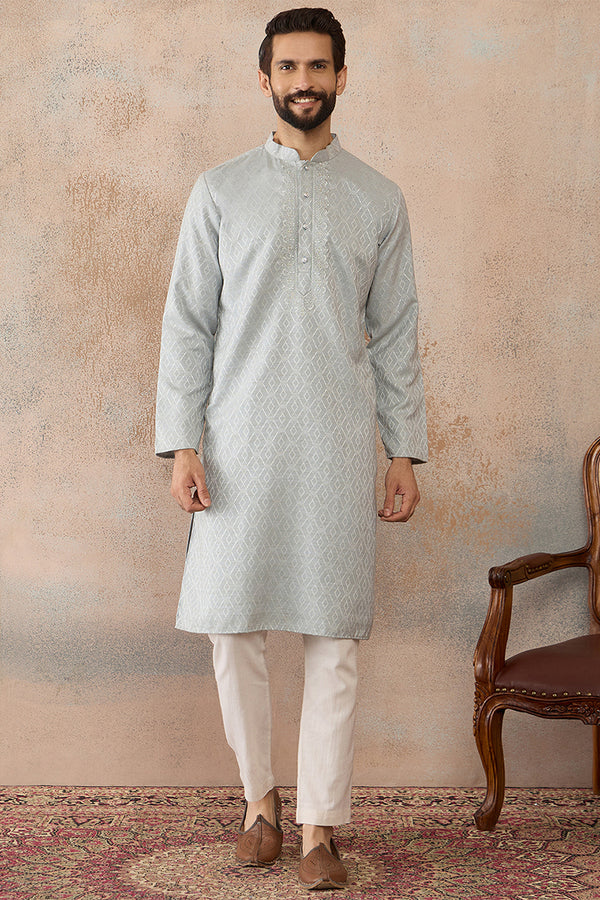 Blue Linen Self Design Embroidered Kurta With Trouser MKSET2367