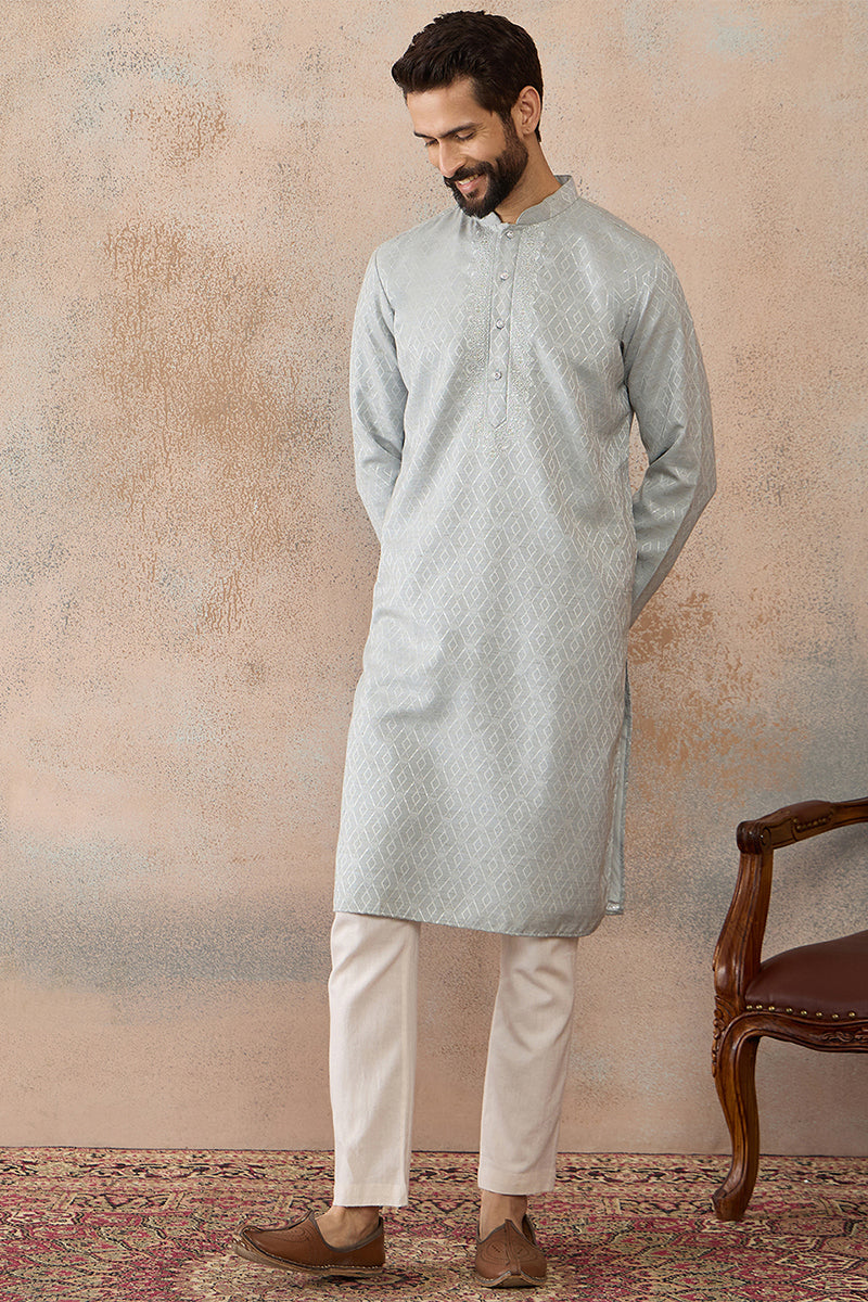 Blue Linen Self Design Embroidered Kurta With Trouser MKSET2367