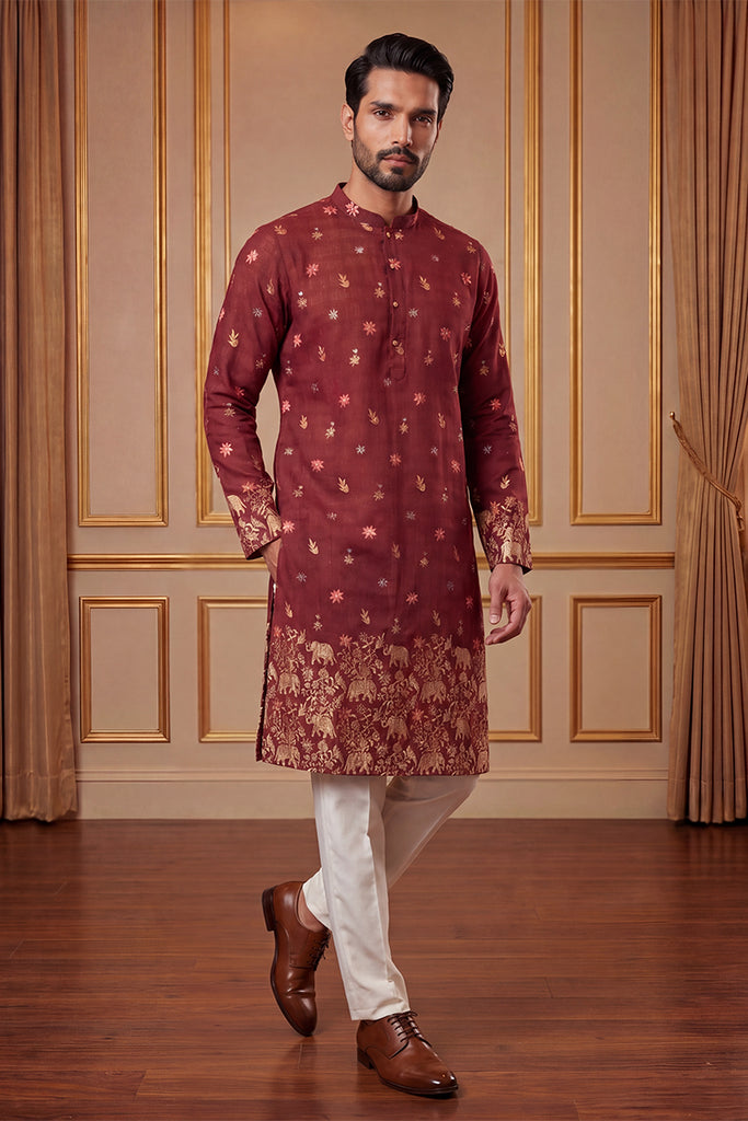 Maroon Silk Blend Woven Design Calf Length Straight Regular Kurta With Trouser MKSET2368