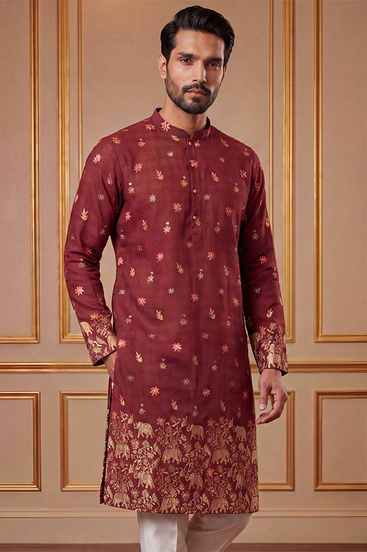 Maroon Silk Blend Woven Design Calf Length Straight Regular Kurta MKU2368