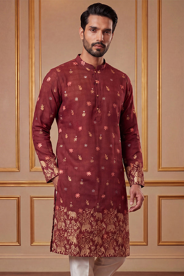 Maroon Silk Blend Woven Design Calf Length Straight Regular Kurta With Trouser MKSET2368