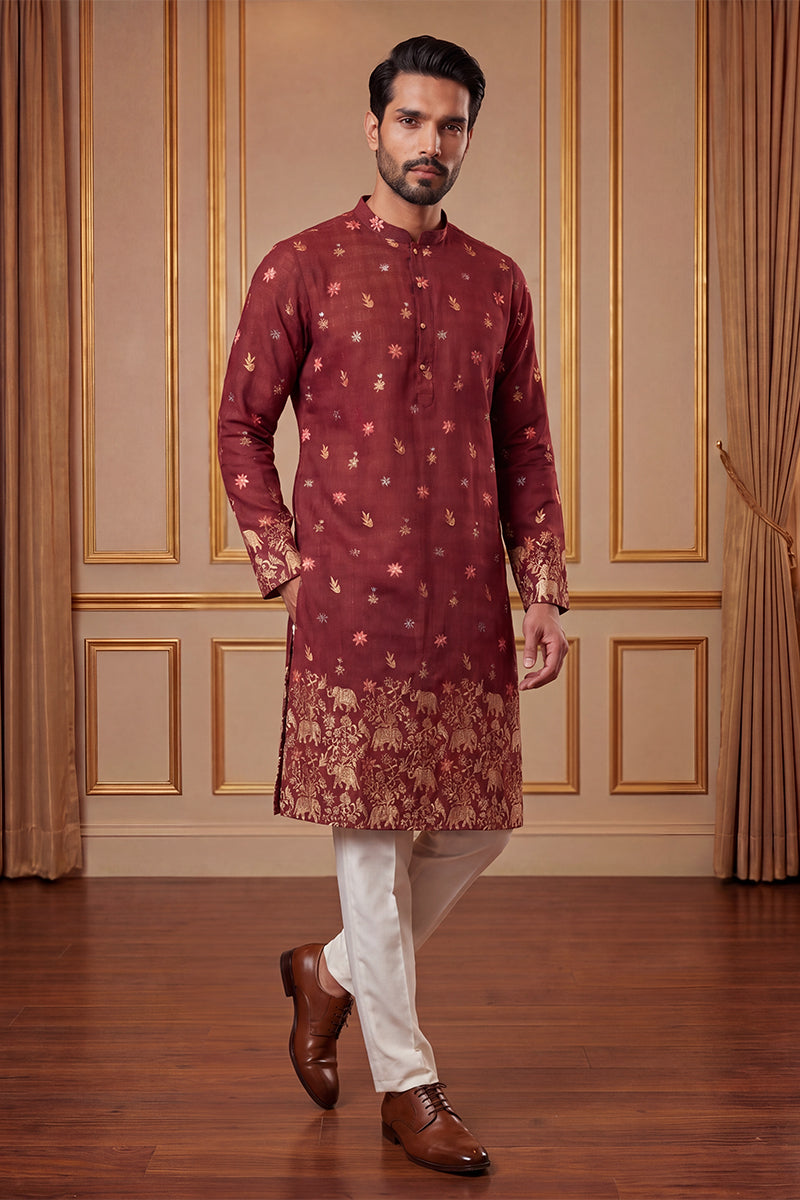 Maroon Silk Blend Woven Design Calf Length Straight Regular Kurta MKU2368