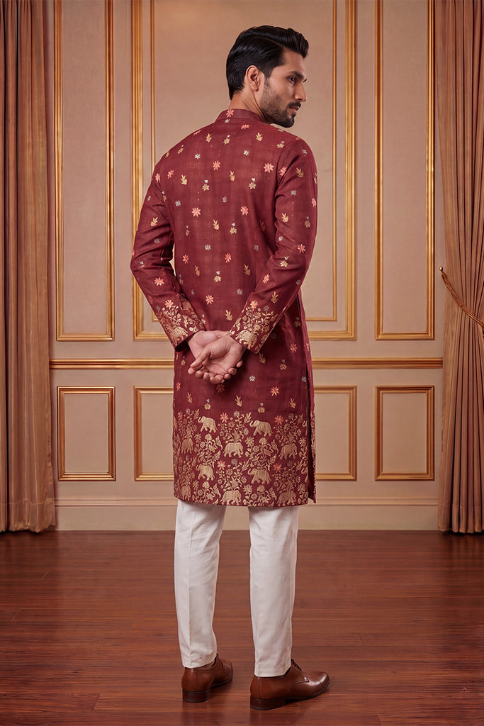 Maroon Silk Blend Woven Design Calf Length Straight Regular Kurta MKU2368