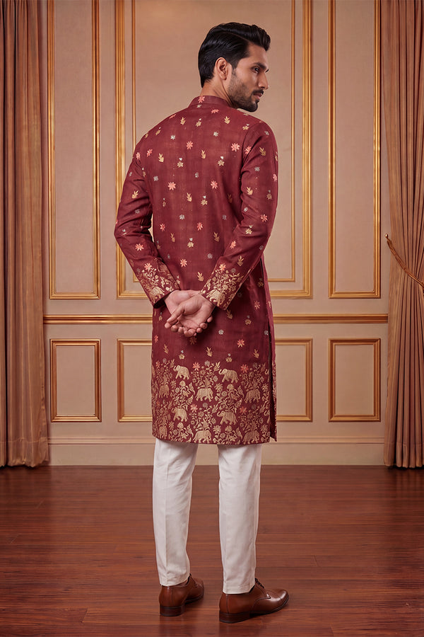 Maroon Silk Blend Woven Design Calf Length Straight Regular Kurta MKU2368