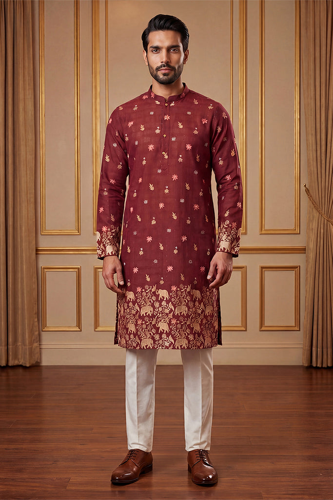 Maroon Silk Blend Woven Design Calf Length Straight Regular Kurta MKU2368