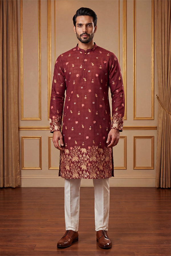 Maroon Silk Blend Woven Design Calf Length Straight Regular Kurta MKU2368