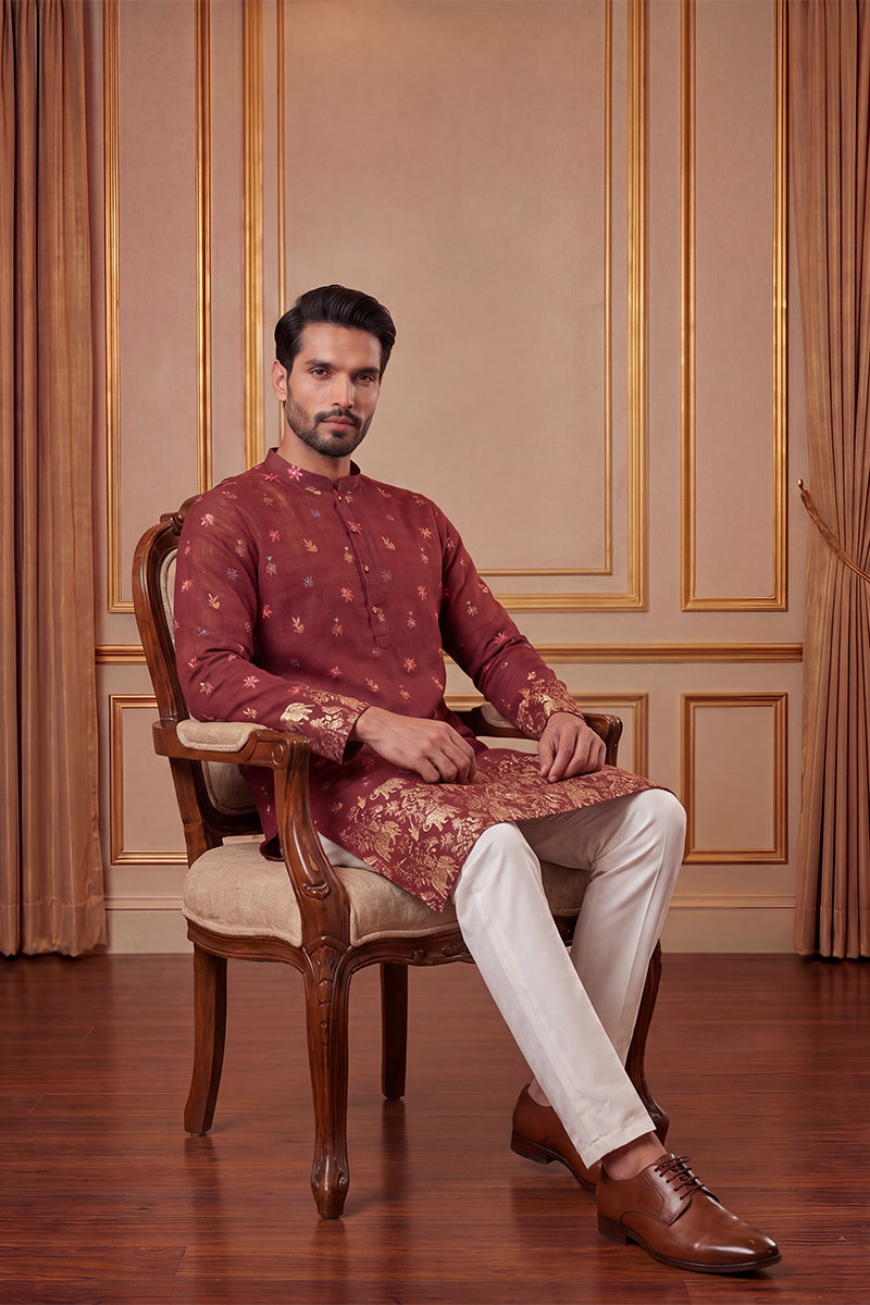 Maroon Silk Blend Woven Design Calf Length Straight Regular Kurta MKU2368