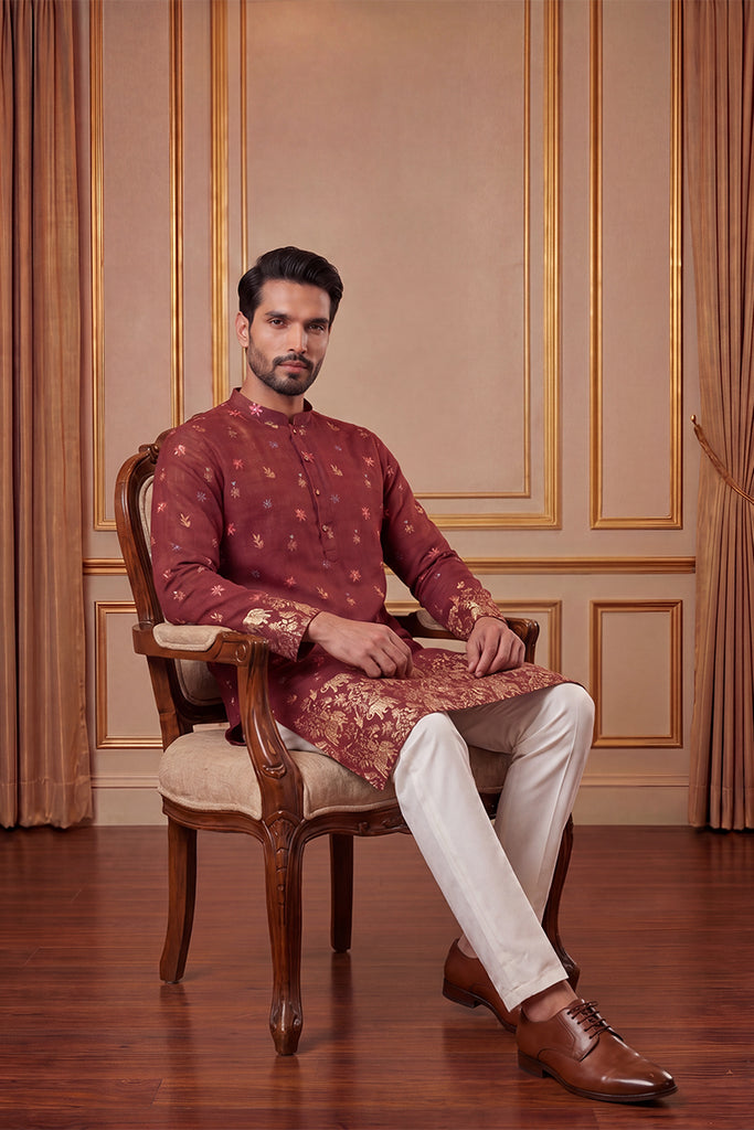 Maroon Silk Blend Woven Design Calf Length Straight Regular Kurta With Trouser MKSET2368