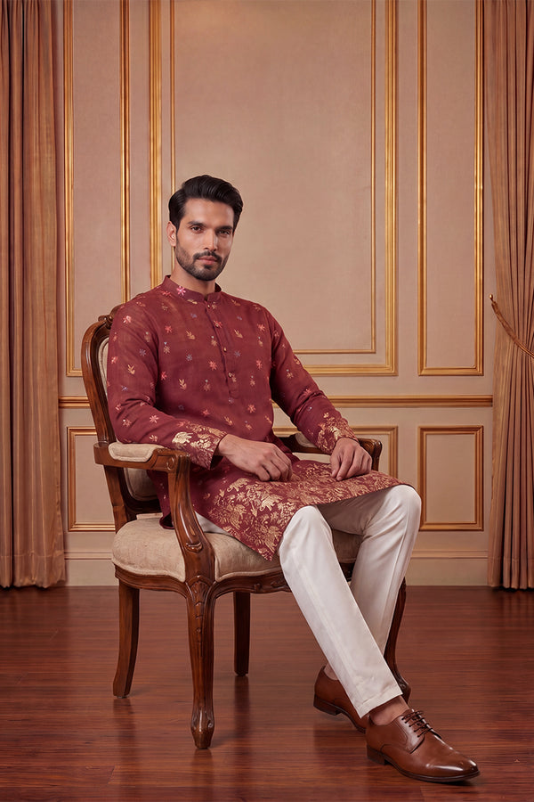 Maroon Silk Blend Woven Design Calf Length Straight Regular Kurta With Trouser MKSET2368