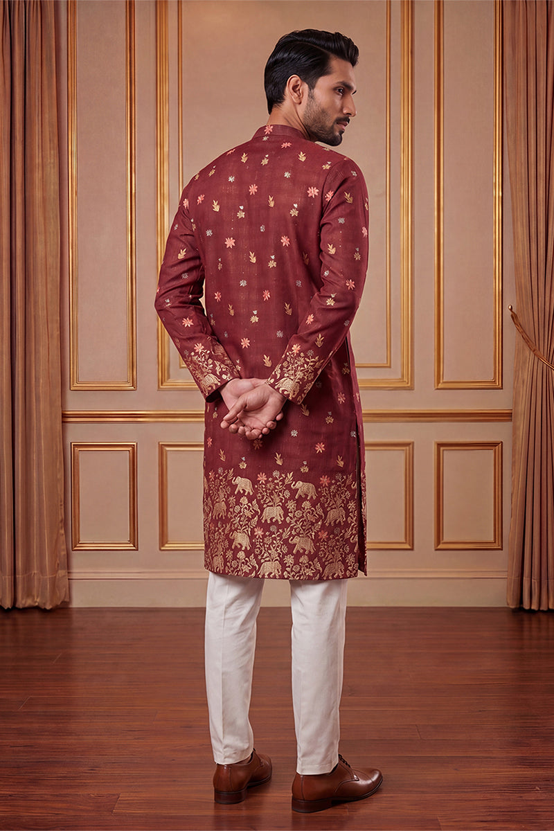 Maroon Silk Blend Woven Design Calf Length Straight Regular Kurta MKU2368