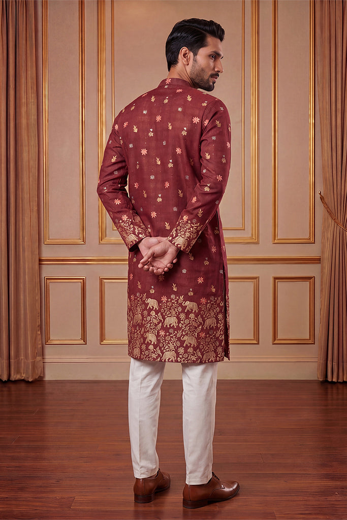 Maroon Silk Blend Woven Design Calf Length Straight Regular Kurta MKU2368