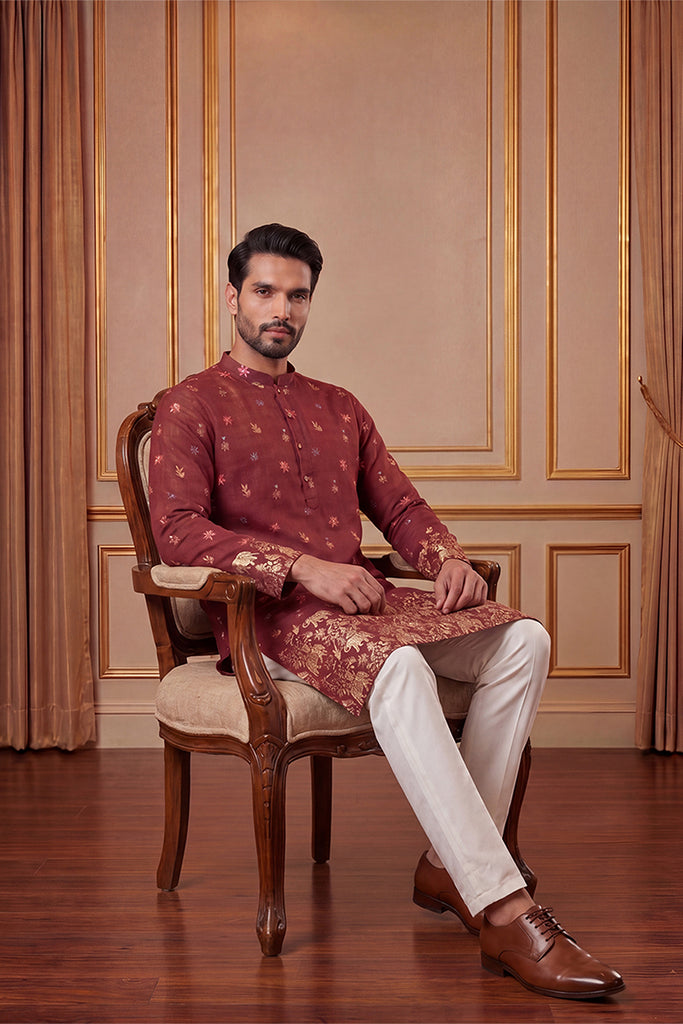 Maroon Silk Blend Woven Design Calf Length Straight Regular Kurta With Trouser MKSET2368
