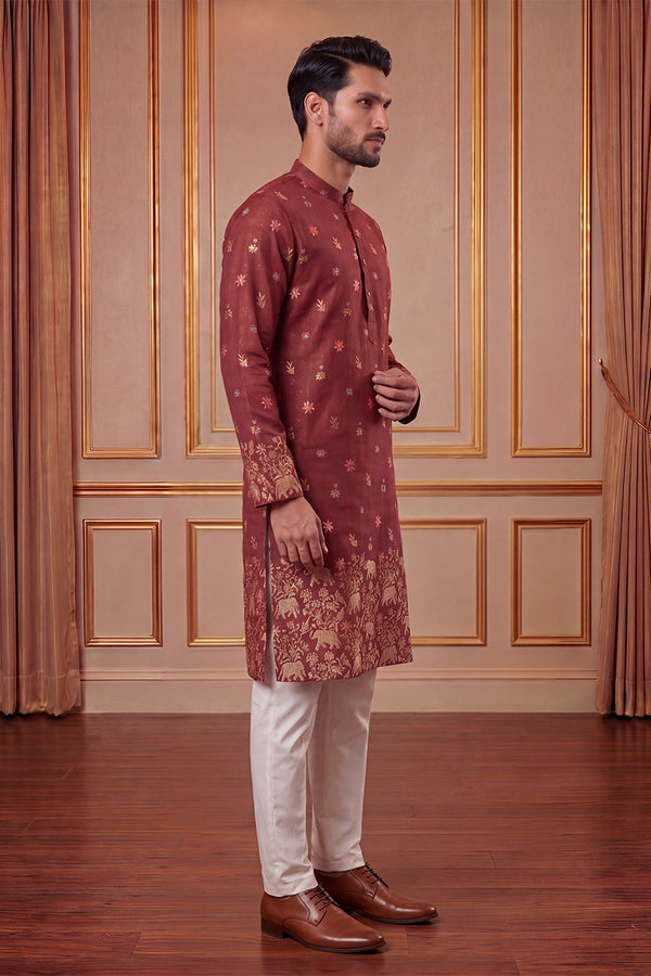 Maroon Silk Blend Woven Design Calf Length Straight Regular Kurta With Trouser MKSET2368