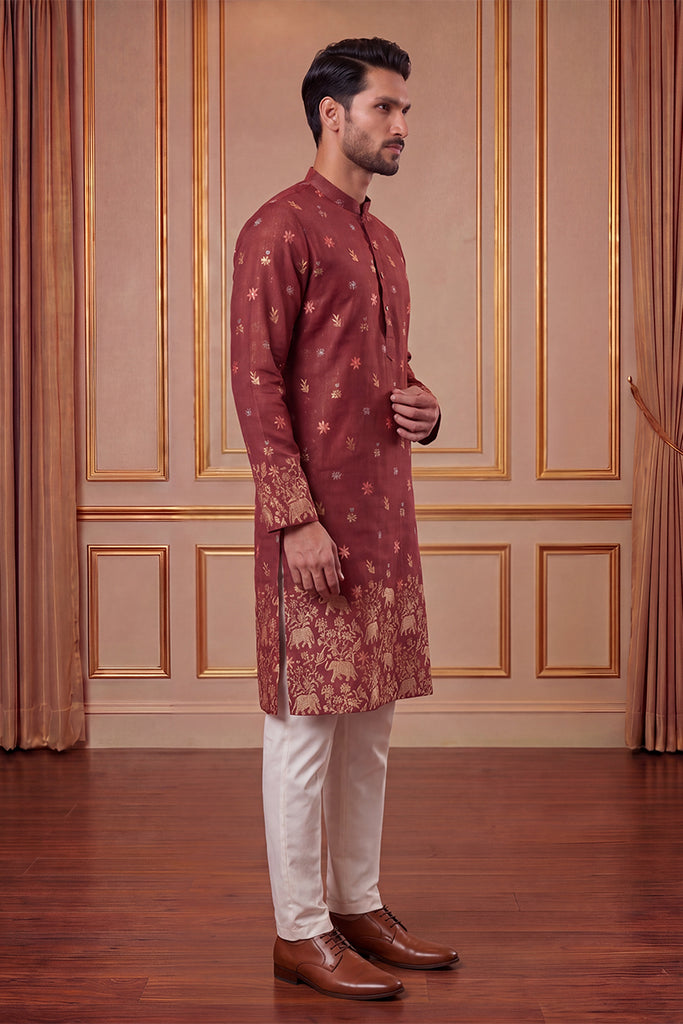 Maroon Silk Blend Woven Design Calf Length Straight Regular Kurta MKU2368
