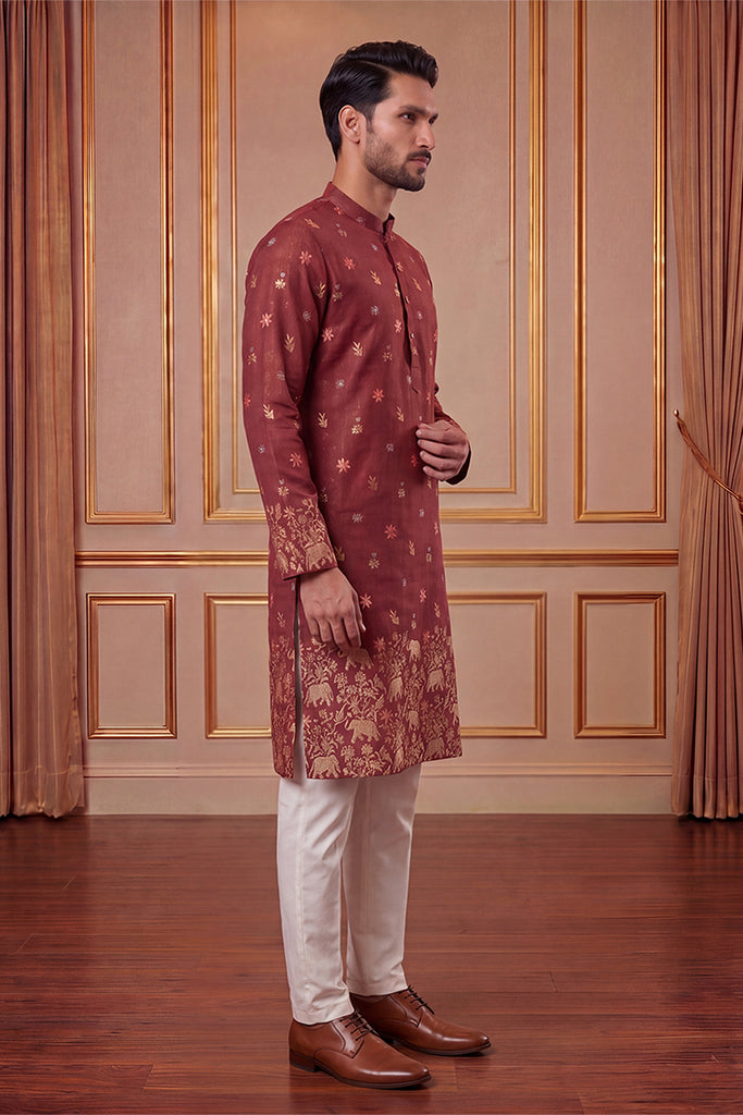 Maroon Silk Blend Woven Design Calf Length Straight Regular Kurta With Trouser MKSET2368