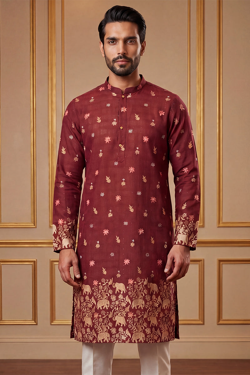 Maroon Silk Blend Woven Design Calf Length Straight Regular Kurta MKU2368