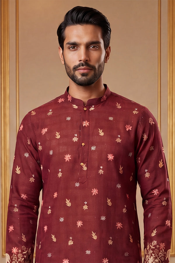 Maroon Silk Blend Woven Design Calf Length Straight Regular Kurta With Trouser MKSET2368