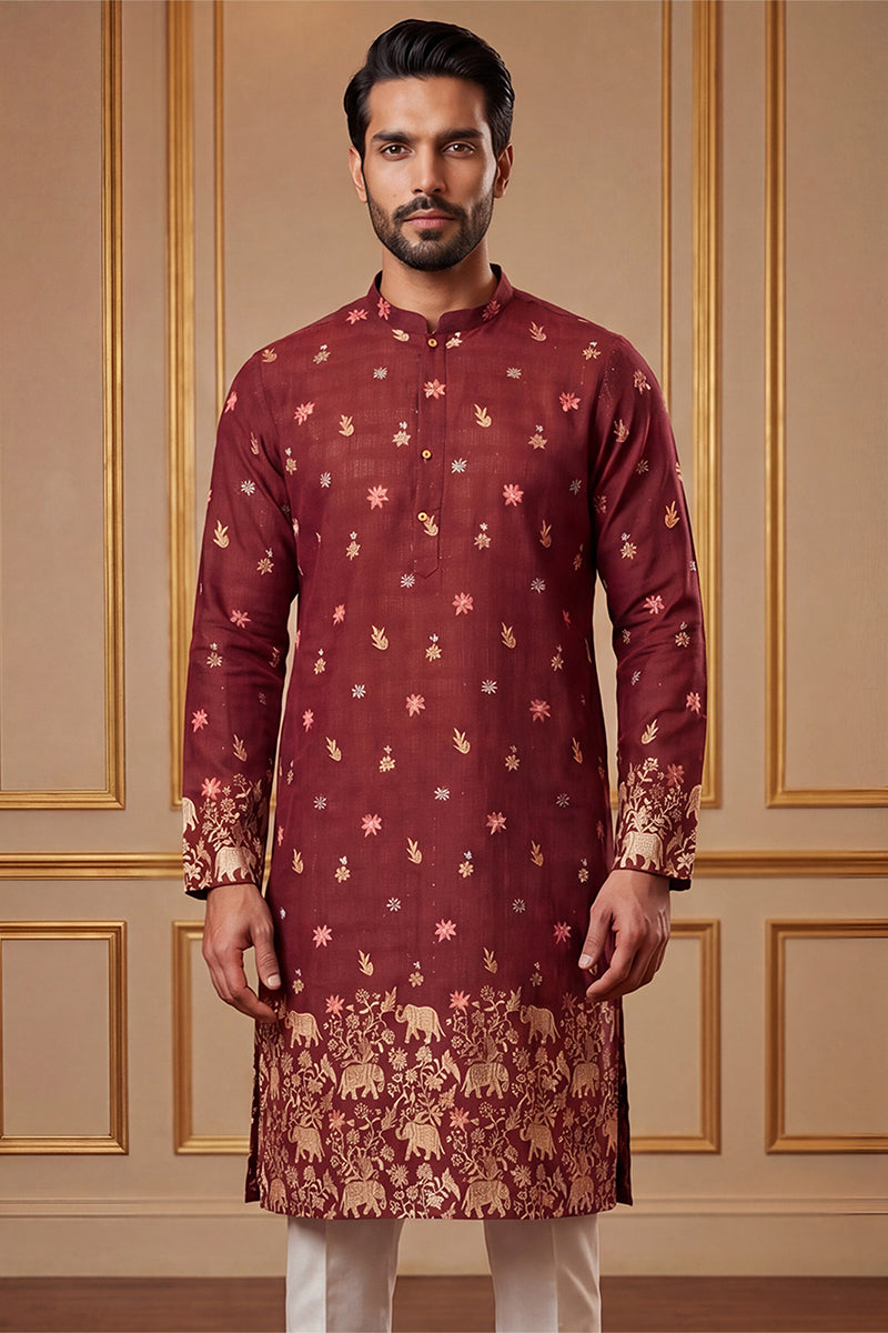 Maroon Silk Blend Woven Design Calf Length Straight Regular Kurta With Trouser MKSET2368