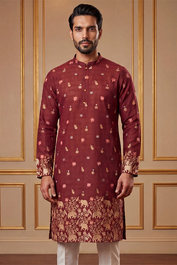 Maroon Silk Blend Woven Design Calf Length Straight Regular Kurta With Trouser MKSET2368