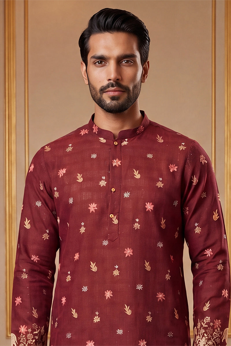 Maroon Silk Blend Woven Design Calf Length Straight Regular Kurta With Trouser MKSET2368