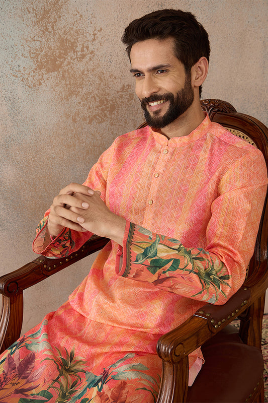 Orange Silk Blend Ethnic Motifs Printed Straight Kurta with Trousers  MKSET2369