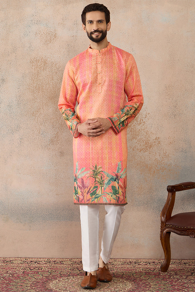Orange Silk Blend Ethnic Motifs Printed Straight Kurta with Trousers  MKSET2369
