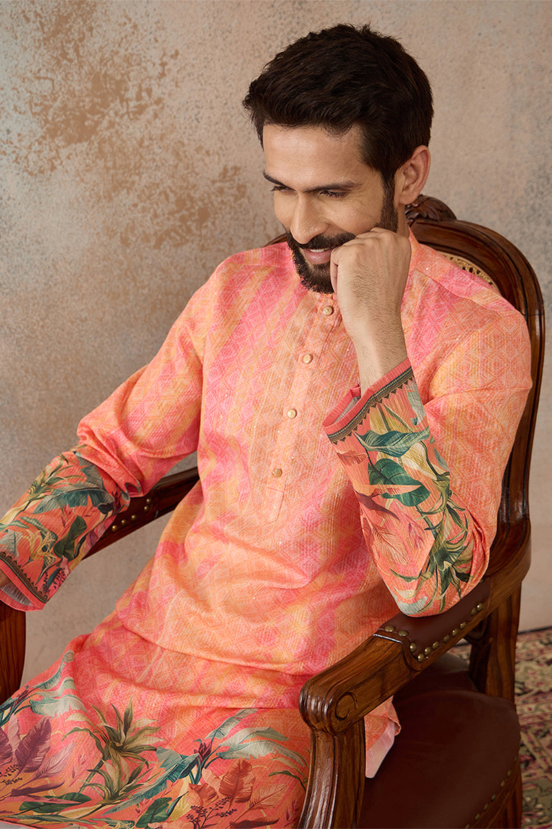 Orange Silk Blend Ethnic Motifs Printed Straight Kurta with Trousers  MKSET2369
