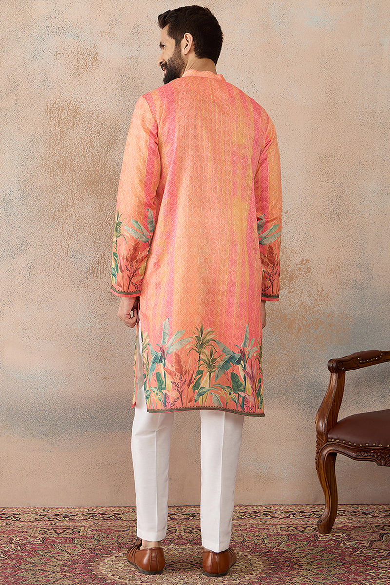 Orange Silk Blend Ethnic Motifs Printed Straight Kurta with Trousers  MKSET2369
