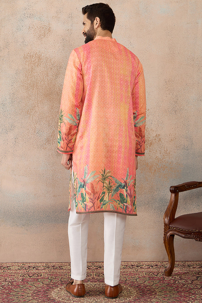 Orange Silk Blend Ethnic Motifs Printed Straight Kurta with Trousers  MKSET2369